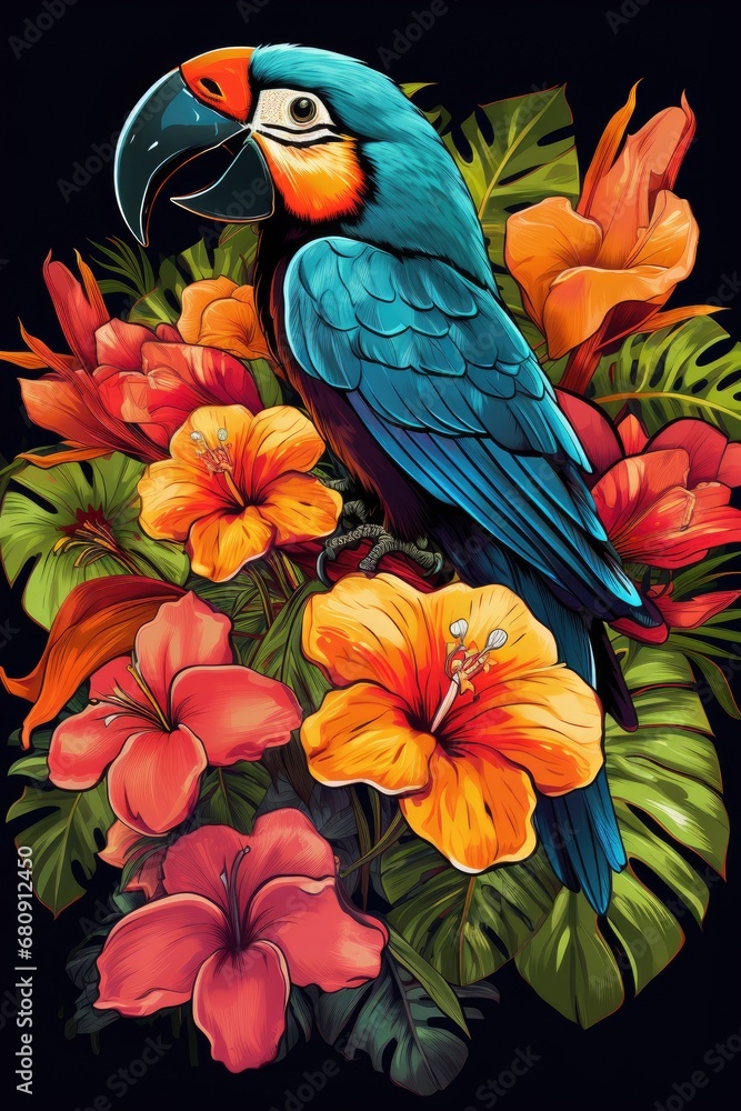 Fototapeta premium Tropical Paradise: Vibrant tropical flora and fauna for a vacation vibe. Professional tshirt design vector