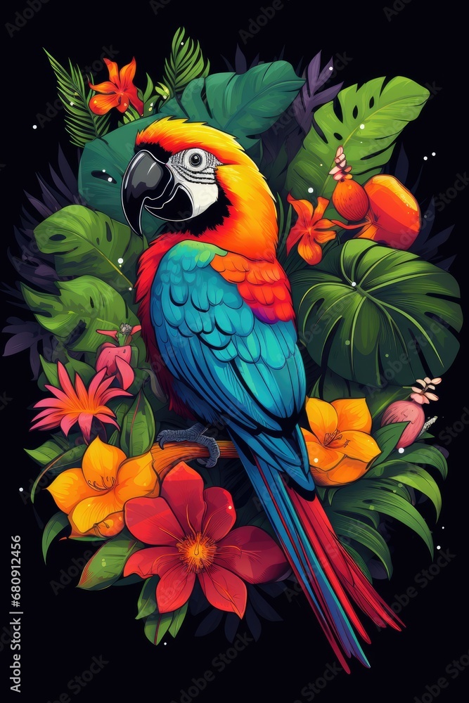 Obraz premium Tropical Paradise: Vibrant tropical flora and fauna for a vacation vibe. Professional tshirt design vector