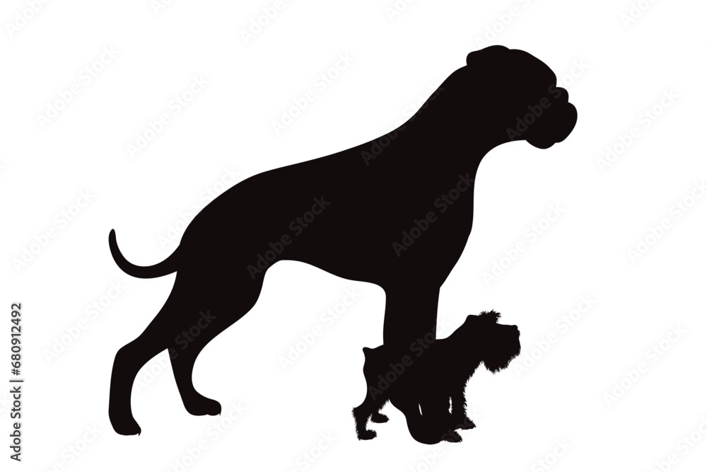 Vector silhouette of Rottweiler and Schnauzer on white background. Symbol of pet and dog.