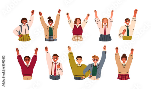 Happy kids students gesturing with hands, arms up. Smiling excited joyful sch...