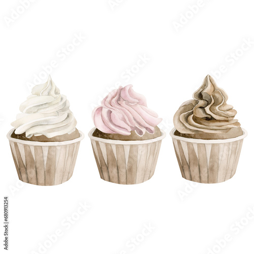 Set of 3 cupcakes with cream. Watercolor illustration isolated on white background for bakery and confectionery design