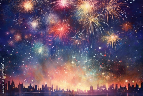 Colorful firework with bokeh background. New Year celebration. Ai Generative