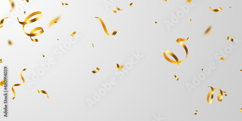 Golden confetti and zigzag ribbon falling from above streamer, tinsel vector
