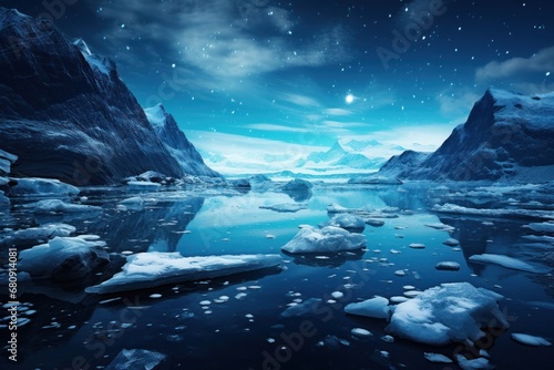 photograph of Arctic landscape with blue starry sky, water, ice, snowy rocks, milky way. Space and galaxy
