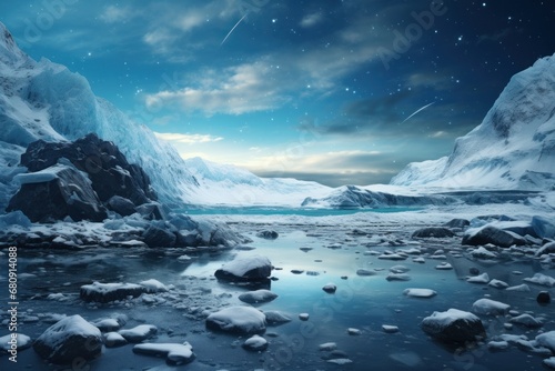 photograph of Arctic landscape with blue starry sky, water, ice, snowy rocks, milky way. Space and galaxy © Attasit