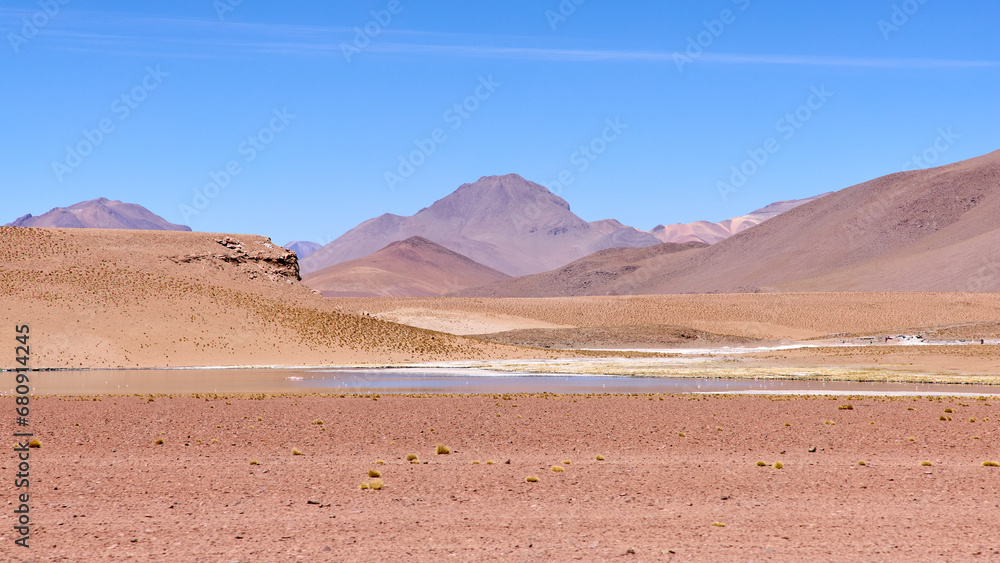 Bolivia, Avaroa National Park. Desert and mountain landscape with salt lakes and flamingos.