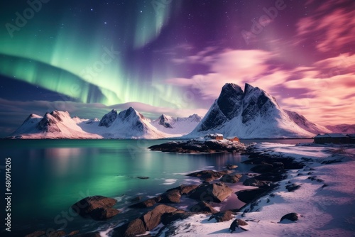 photograph of Aurora borealis, pink and purple, (northern lights) over mountains with Skagsanden beach, Lofoten Islands, Norway