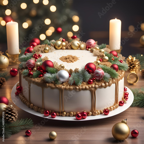 Luxurious whole cake with Christmas decorations