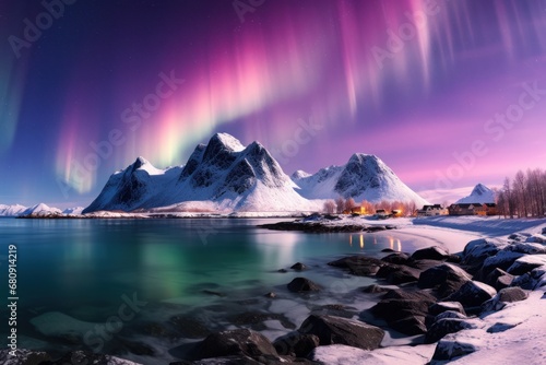 photograph of Aurora borealis, pink and purple, (northern lights) over mountains with Skagsanden beach, Lofoten Islands, Norway © Attasit