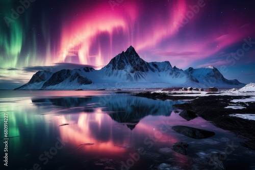 photograph of Aurora borealis  pink and purple   northern lights  over mountains with Skagsanden beach  Lofoten Islands  Norway