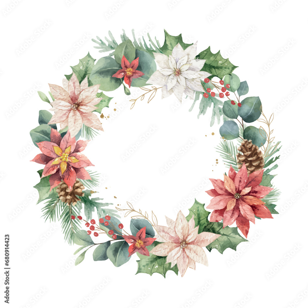 Watercolor vector Christmas floral wreath illustration. Hand painted poinsettia flowers, pine tree branches, berries, golden splashes. Perfect for wedding invitations, greeting card, stationery