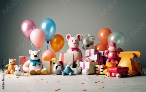 Cute Toys with colorful balloon and gift box. Ai Generative