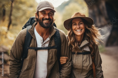 Love couple tourists and travellers hiking in nature  walking and smiling