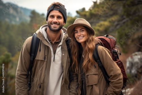 Love couple tourists and travellers hiking in nature, walking and smiling