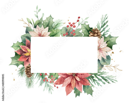 Watercolor vector Christmas floral frame illustration. Hand painted poinsettia flowers, pine tree branches, berries, golden splashes. Perfect for wedding invitations, greeting card, decoration.