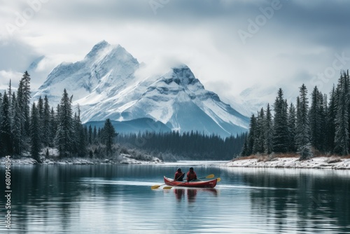 Male and female, two traveler in winter coat canoeing in Spirit Island on Maligne Lake at Jasper national park photo