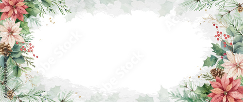 Watercolor vector Christmas background. Hand painted poinsettia flowers, pine...