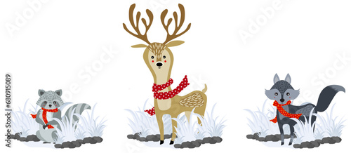 Christmas animals of raccoon  reindeer  and wolf with scarfs.