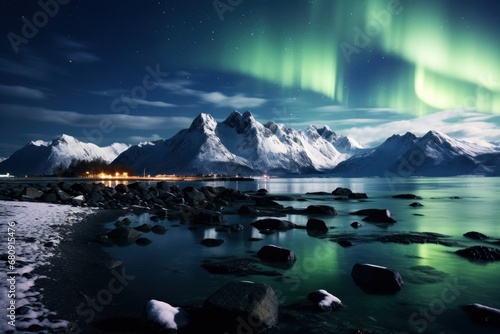 Night winter landscape with aurora, sea coast, beach and snowy mountains