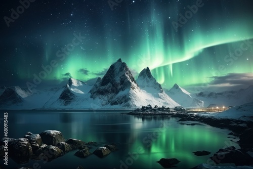 Night winter landscape with aurora  sea coast  beach and snowy mountains