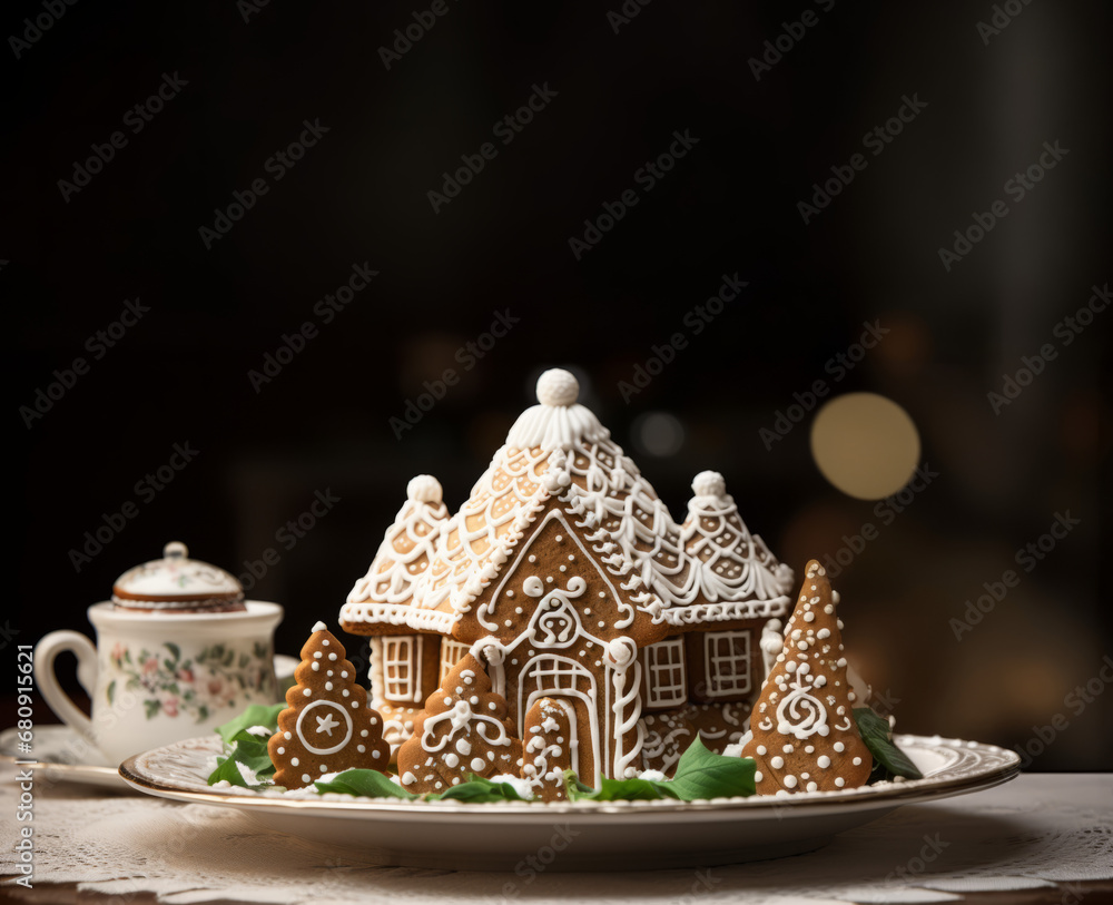 A Christmas gingerbread house on top of a platter on a table. A Christmas gingerbread house on top of a platter on a table.