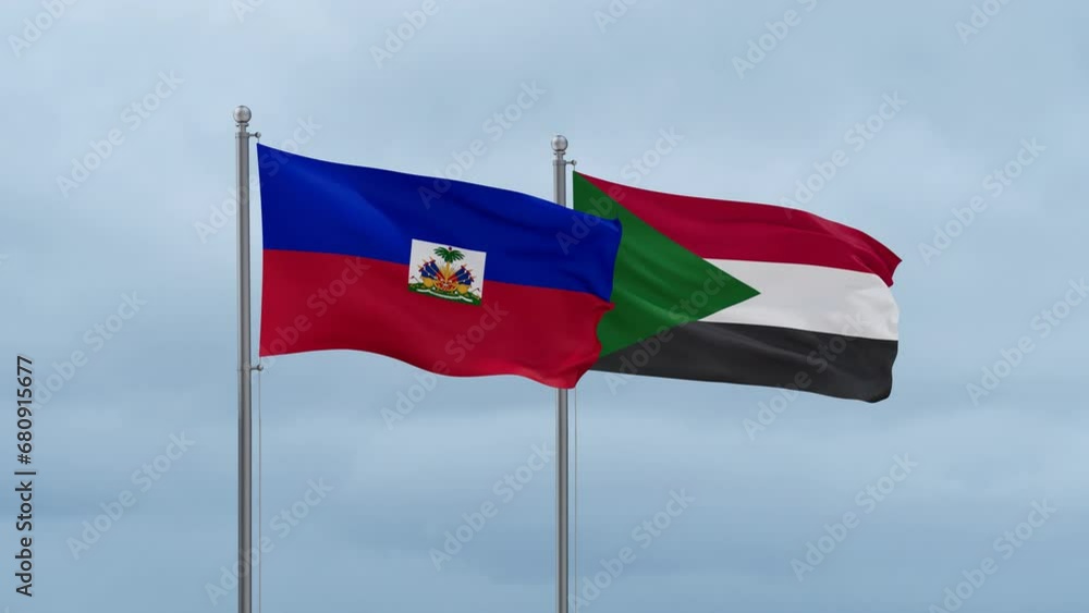 Sudan and Haiti flag waving together on cloudy sky, endless seamless loop, two country cooperation concept Sudan and Haiti flag waving together on cloudy sky, endless seamless loop, two country cooperation concept