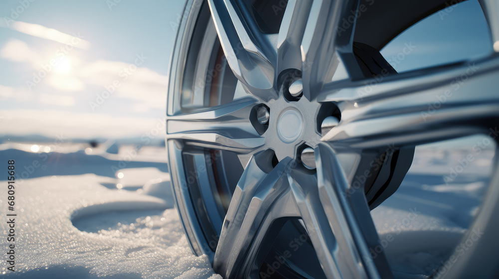 Close-up of a car wheel tire on a winter road. Winter tires, snow on the road, seasonal tires for safety on the road, car maintenance.