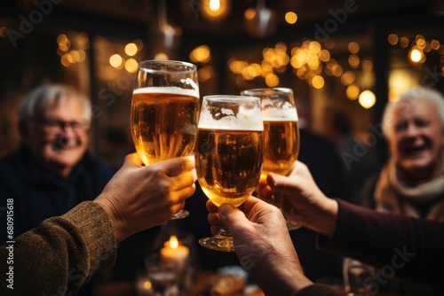 Senior people cheers, making toasts with beer glasses at a party celebration with friends enjoy a warm winter evening. photo