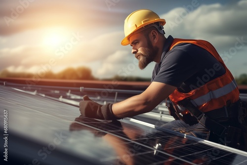 Solar power engineer installing solar panels, on the roof, electrical technician at work, alternative renewable green energy generation concept. Generative AI
