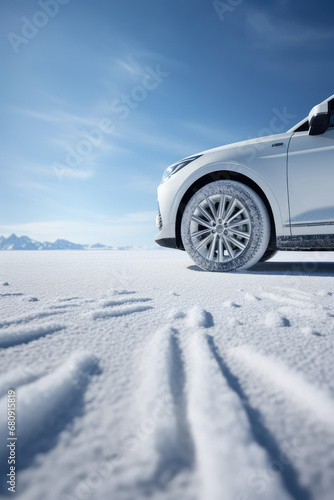 Close-up of a car wheel tire on a winter road. Winter tires, snow on the road, seasonal tires for safety on the road, car maintenance, vertical.