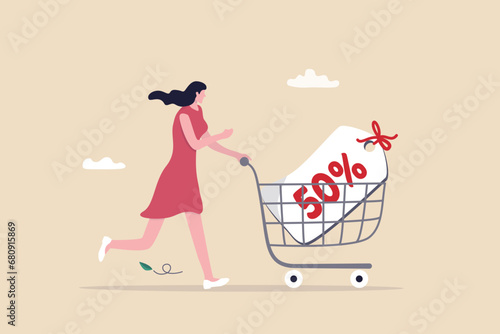 Sales discount online shopping, promotion or bargain retail purchase, e-commerce marketing or sales price tag concept, young woman with shopping cart trolley 50 percent discount price tag.
