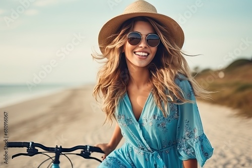 Girl with Bicycle on White Sandy Beach, Generative AI Illustration photo