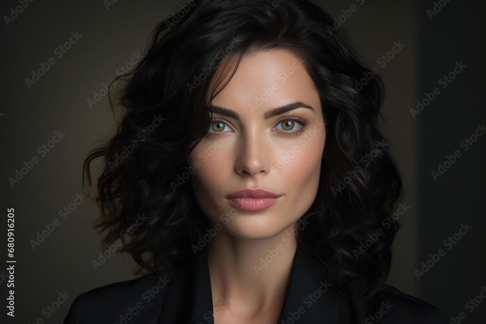 Fototapeta premium Woman, 30s, modern look. black hair, businesswoman, with skin texture,