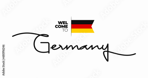 Welcome to Germany modern calligraphic text. German handwritten with flag isolated on white background. Hand drawn lettering style, script, line drawing, signature, calligraphy. Vector Illustration