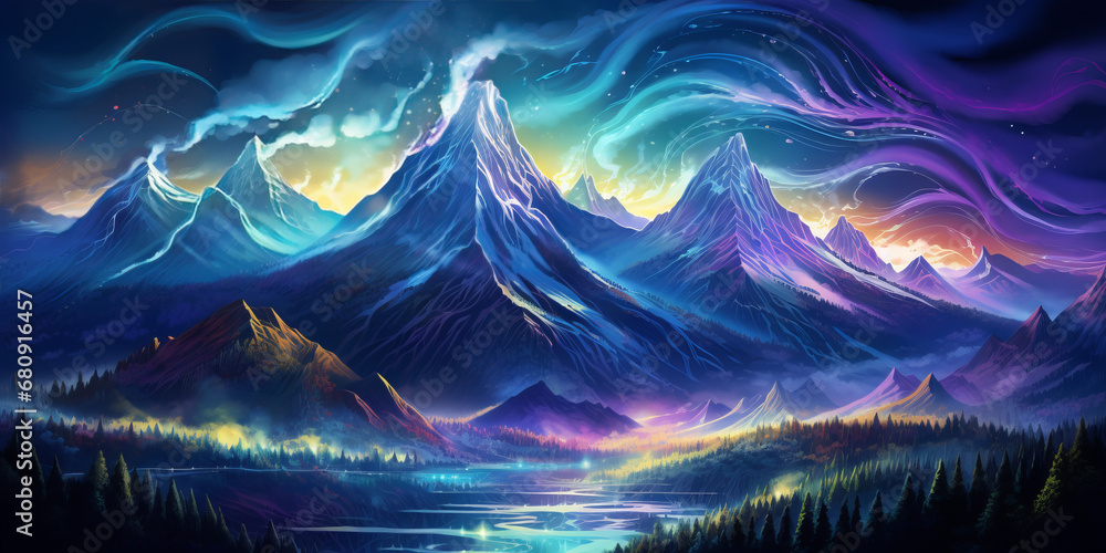 Obraz premium Multiple waves in the mountains, futuristic digital art mixing realistic and fantastical elements, glowing, bold, fine, and detailed.