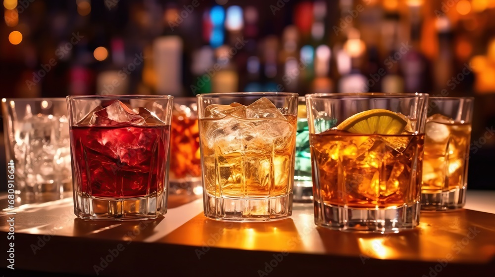 Alcohol drinks on the bar counter in a pub or restaurant