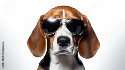 beagle wearing sunglasses, solo, calm, white background, copy space, 16:9