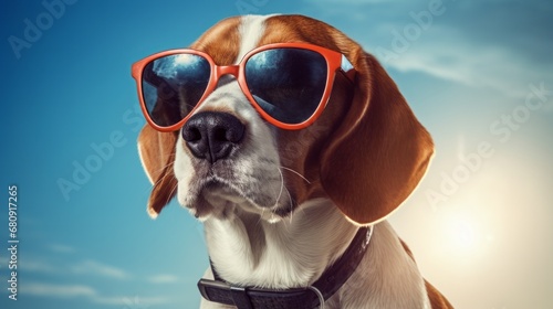 beagle wearing sunglasses, solo, calm, white background, copy space, 16:9 © Christian