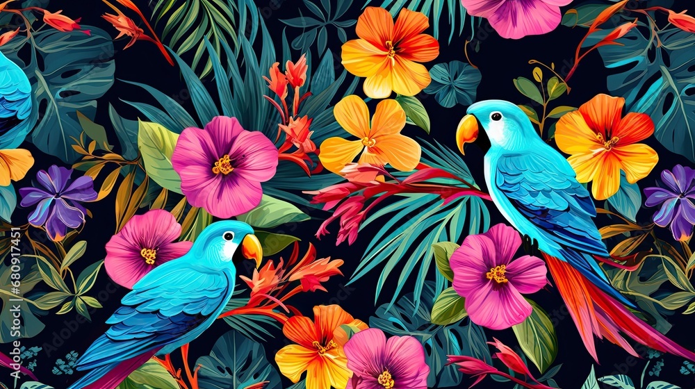Fototapeta premium The tropical bird pattern has colorful flowers and bird illustrations