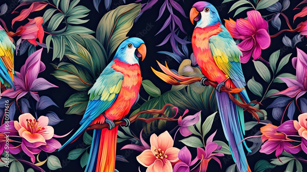 Obraz premium The tropical bird pattern has colorful flowers and bird illustrations