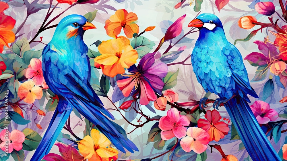 Obraz premium The tropical bird pattern has colorful flowers and bird illustrations