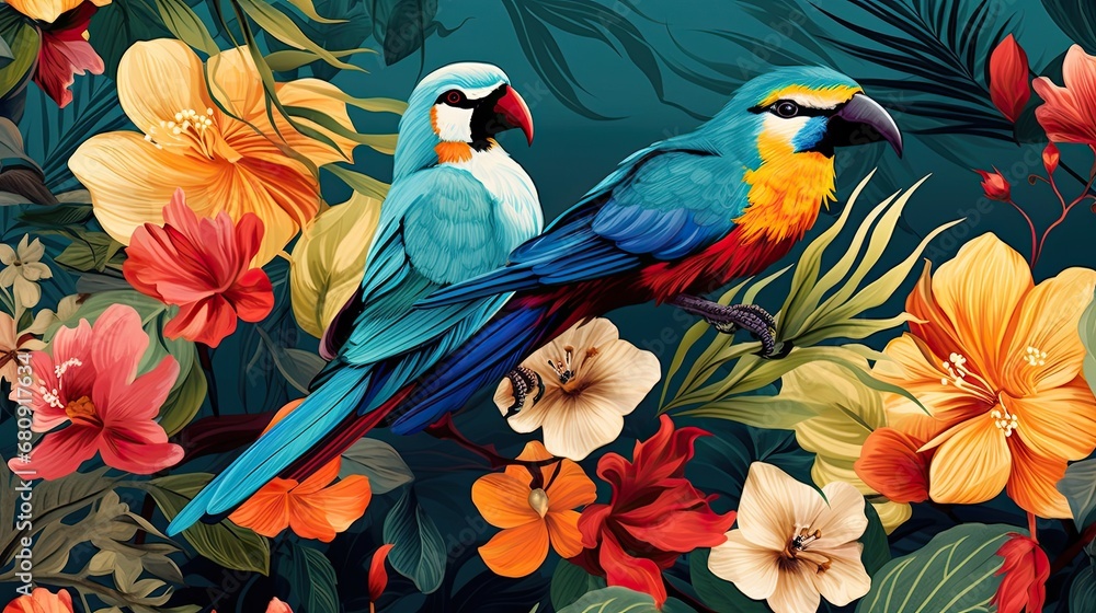 Obraz premium The tropical bird pattern has colorful flowers and bird illustrations