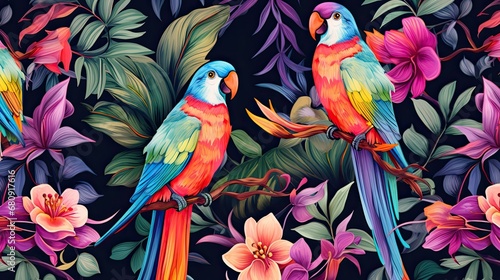 The tropical bird pattern has colorful flowers and bird illustrations