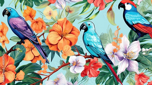 The tropical bird pattern has colorful flowers and bird illustrations © EnelEva