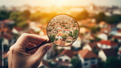 View through magnifying glass of a beautiful home in a suburban neighborhood, creative horizontal concept for choosing a suburban home to buy, rent or mortgage.