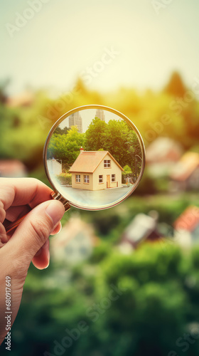 View through magnifying glass of a beautiful home in a suburban neighborhood, creative vertical concept for choosing a suburban home to buy, rent or mortgage.