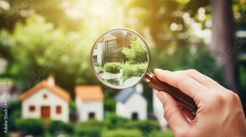 View through magnifying glass of a beautiful home in a suburban neighborhood, creative horizontal concept for choosing a suburban home to buy, rent or mortgage.