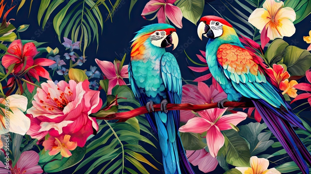 Obraz premium The tropical bird pattern has colorful flowers and bird illustrations