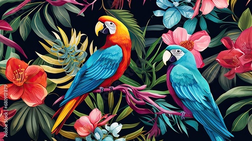 The tropical bird pattern has colorful flowers and bird illustrations © EnelEva