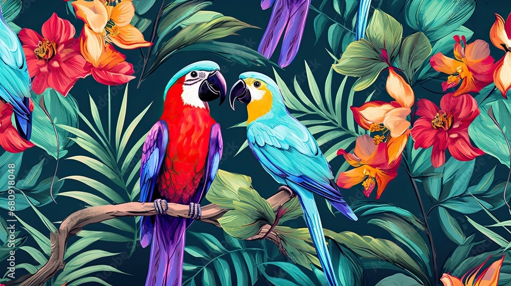 Obraz premium The tropical bird pattern has colorful flowers and bird illustrations